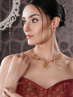 Saraf RS Jewellery - Gold Plated Ball Chain Kempo Lakshmiji Pendant Minimal Jewellery Set