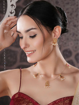 Saraf RS Jewellery - Gold Plated Pearl Beaded Invisible Chain Temple Lakshmi Pendant Jewellery Set