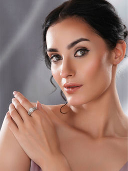 Saraf RS Jewellery - Silver Plated White Zircon Studded Adjustable Solitaire Finger Ring