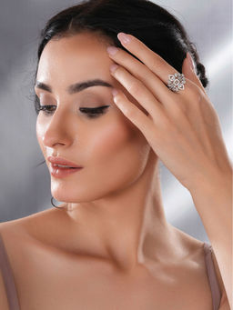 Saraf RS Jewellery - White Rhodium Plated Zircon Studded Floral Designer Ring