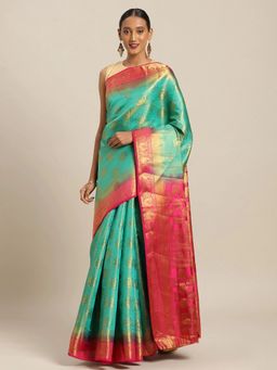 Sangam Prints - Sea Green Silk Jacquard Traditional Saree with Unstitched Blouse