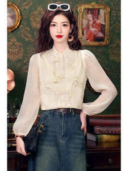 PARTIQ - Cream Embroidered Three Fourth Sleeves Top
