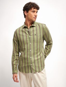 The Bear House - Olive Striped Slim Fit Casual Shirt