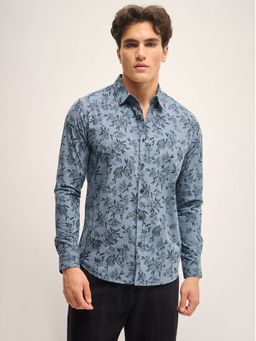 The Bear House - Blue Floral Printed Cotton Slim Fit Casual Shirt