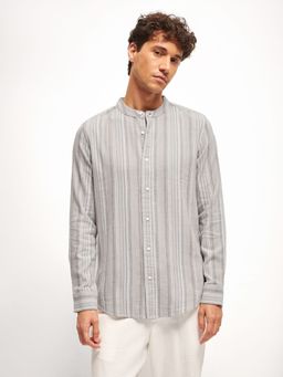 The Bear House - Grey Striped Mandarin Neck Slim Fit Casual Shirt