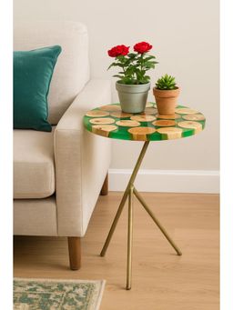 Wewood - Handcrafted Round Epoxy Wood Side Table with Gold Tripod Base