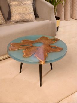 Wewood - Round Coffee Table Teak Wood With Special Blue Resin Finish