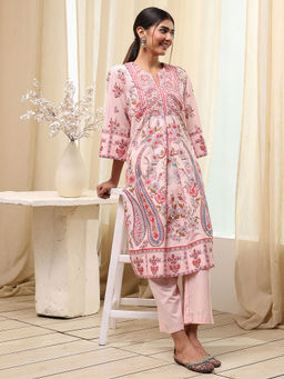 Biba - Women's Peach Cotton Straight Kurta with Palazzo (Set of 2)