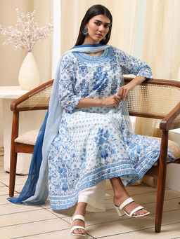 Biba - Women's Off-White Cotton Kalidar Kurta with Palazzo and Dupatta (Set of 3)