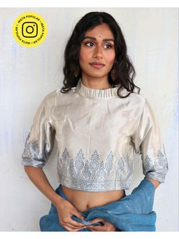 Chidiyaa - The Melting Moon Cream Blue Block Printed Mashru Silk Blouse