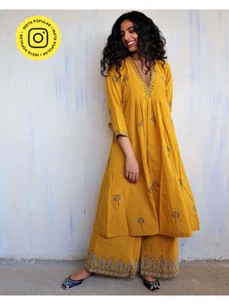 Chidiyaa - Mustard Cotton Kurta with Palazzo (Set of 2)