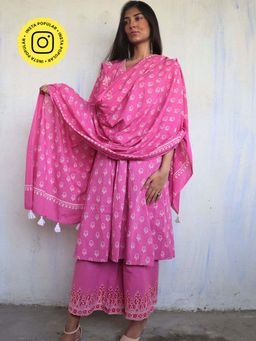 Chidiyaa - Pink Pure Cotton Block Printed Dupatta Ajooni 2