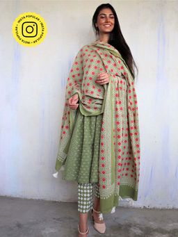 Chidiyaa - Olive Green Pure Cotton Block printed Dupatta Ajooni
