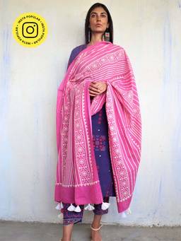 Chidiyaa - Pink Pure Cotton Block Printed Dupatta Ajooni