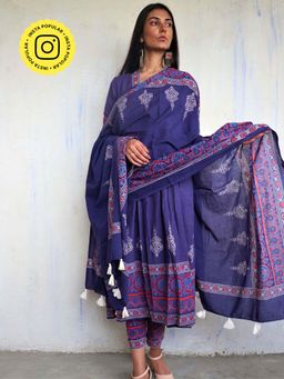 Chidiyaa - Purple Pure Cotton Block Printed Dupatta Ajooni