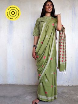 Chidiyaa - Light Green Cotton Block printed Saree without Blouse