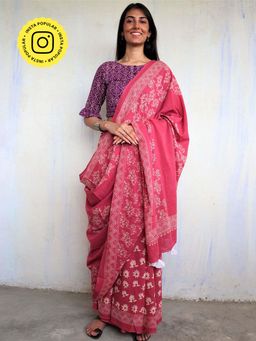 Chidiyaa - Pink Block printed Cotton Saree without Blouse