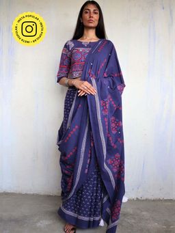 Chidiyaa - Purple Block printed Cotton Saree without Blouse
