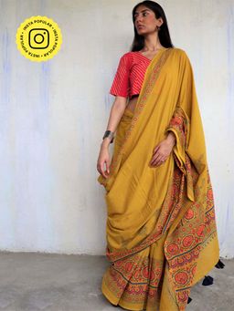 Chidiyaa - Mustard Block printed Cotton Saree without Blouse