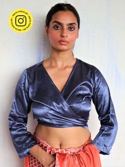 Chidiyaa - Bluish Grey Tie Up Mashru Silk Blouse Sahar