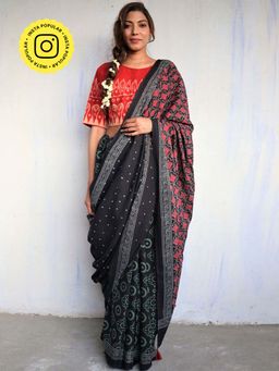 Chidiyaa - God Black Blockprinted Cotton Mul Saree