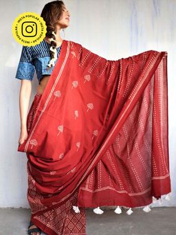 Chidiyaa - God Marron Blockprinted Cotton Mul Saree