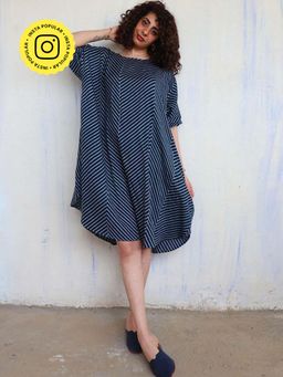 Chidiyaa - Blue Zigzag Block Printed Cotton Silk Free Size Dress