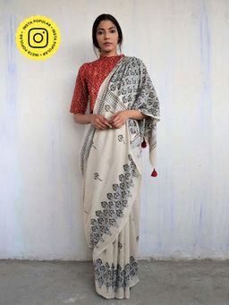 Chidiyaa - God Ivory Grey Block Printed Cotton Mul Saree