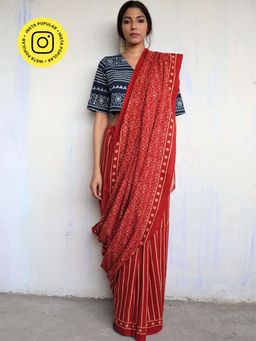 Chidiyaa - God Maroon Block Printed Cotton Mul Saree