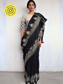 Chidiyaa - God Black Block Printed Cotton Mul Saree
