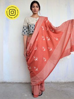 Chidiyaa - God Rust Block Printed Cotton Mul Saree