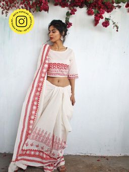 Chidiyaa - Ivory Charm Handblockprinted Cotton Saree