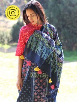 Chidiyaa - Blue Blockprinted Cotton Mul Saree