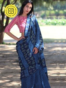 Chidiyaa - Blue Check And Floral Hand Blockprinted Cotton Mul Saree