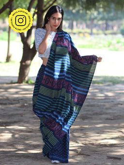Chidiyaa - Blue Striated Blockprinted Cotton Mul Saree