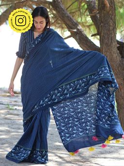 Chidiyaa - Blue Bird Hand Blockprinted Cotton Saree