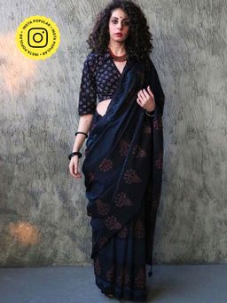 Chidiyaa - Kohl Zara Handblockprinted Cotton Saree