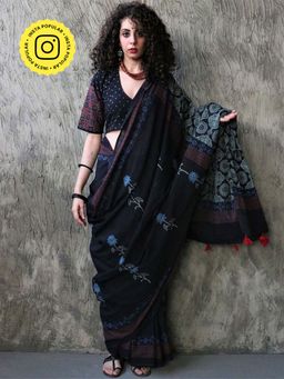 Chidiyaa - Kohl Oriana Handblockprinted Cotton Saree