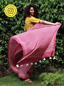 Chidiyaa - Pink Block Printed Cotton Mul Saree Jal with Unstitched