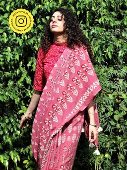 Chidiyaa - Pink Blockprinted Cotton Mul Saree Gul