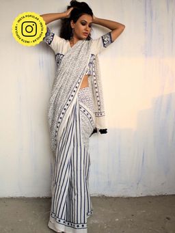 Chidiyaa - Ivory Blue Block Printed Cotton Mul Saree