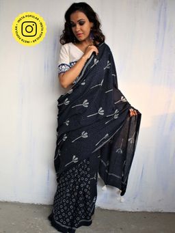 Chidiyaa - Blue Floret Hand Blockprinted Cotton Saree