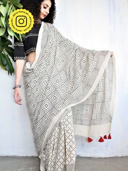 Chidiyaa - Ivory Black Block Printed Cotton Mul Saree