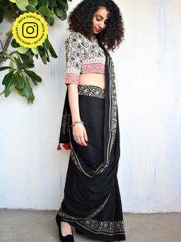 Chidiyaa - Ivory Black Block Printed Cotton Mul Saree