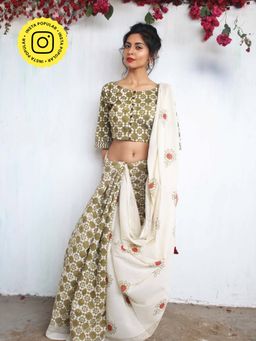 Chidiyaa - Olive Garden Handblockprinted Cotton Saree