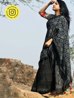 Chidiyaa - Black Block Printed Cotton Mul Saree
