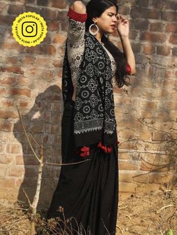 Chidiyaa - Black Block Printed Cotton Mul Saree