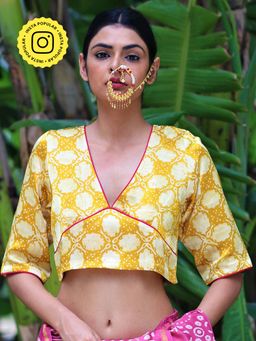 Chidiyaa - Yellow Block Printed Mashu Silk Stitched Blouse