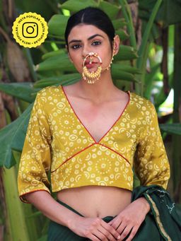Chidiyaa - Mustard Block Printed Mashu Silk Stitched Blouse