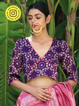Chidiyaa - Cosmos Aubergine Block Printed Mashu Silk Stitched Blouse